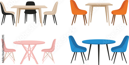 Set of modern dining tables with chairs isolated on white background furniture interior vector illustration collection