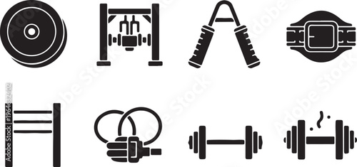 Gym equipment icon set with 8 black vector elements, fitness workout tools and bodybuilding gear, weightlifting and strength training symbols isolated PNG with Transparent Background