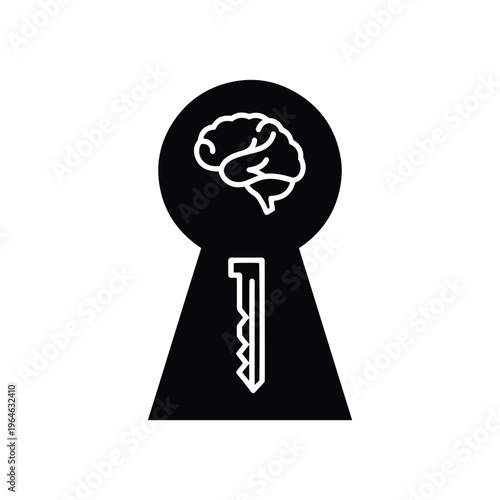 Keyhole with a brain and key, representing unlocking potential, secrets, or intelligence in a graphic icon, black and white
