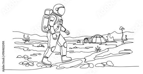 Minimalist one line drawing of an astronaut walking on an alien planet surface near a space colony