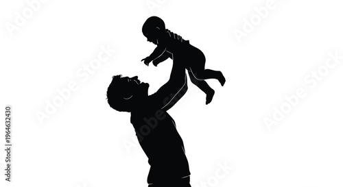 Silhouette vector graphic illustration of a loving father happily tossing his cheerful baby high into the air