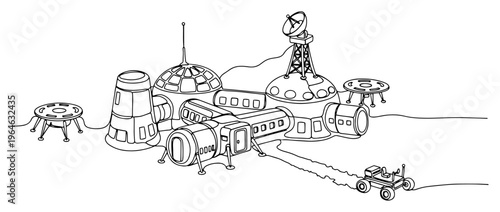 Futuristic space base colony on an alien planet surface with rover and communication antenna in one line art