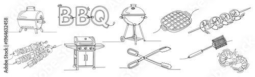 Collection of barbecue grill elements and food icons in minimalist continuous one line drawing style