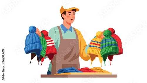 Hat Vendor's Array: A smiling vendor proudly displays a vibrant collection of beanies, showcasing a rainbow of colors and styles, perfect for cold weather or fashion. 