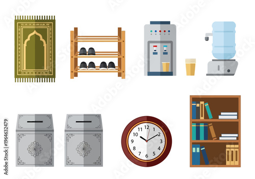 Islamic Mosque Interior Facilities Icon Set with Prayer Mat, Donation Box, and Bookshelf