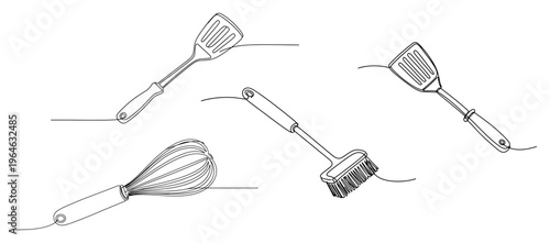 Continuous line drawing of kitchen grilling tools including spatula and barbecue brush