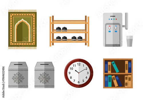 Islamic Mosque Furniture and Prayer Room Accessories Vector Illustration Set including Prayer Mat, Donation Box, Shoe Rack, and Bookshelf