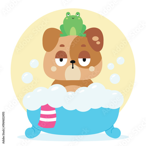 Funny cartoon dog taking a bubble bath with a frog on its head. Vector illustration, isolated background