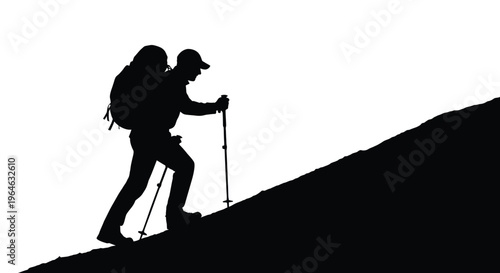 Determined hiker silhouette vector illustration ascending a steep uphill path with backpack and trekking poles graphic.