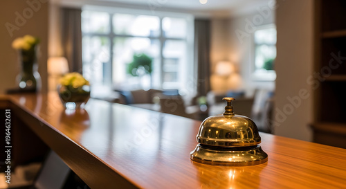 Brass hotel bell on wooden reception desk in lobby, Generative-AI