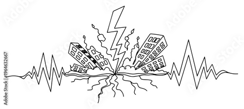 Minimalist one line drawing of an earthquake destroying city buildings with seismic waves and lightning