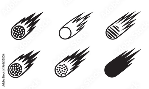 Collection of six stylized meteor icons with fiery trails and different surface patterns
