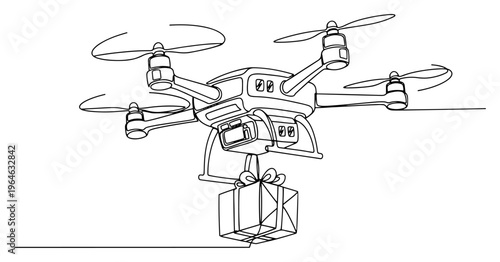 Quadcopter drone delivering a gift box package in minimalist continuous line art style