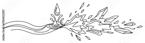Minimalist one line drawing of water ripples splash and ice crystals breaking