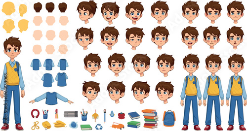 School Boy Character Set with Various Expressions, Poses, Accessories, and Outfits for Education and Animation Designs