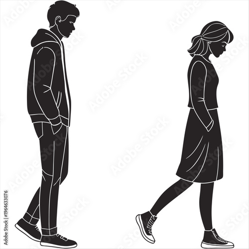 Vector of a man and woman standing apart, representing distance or breakup