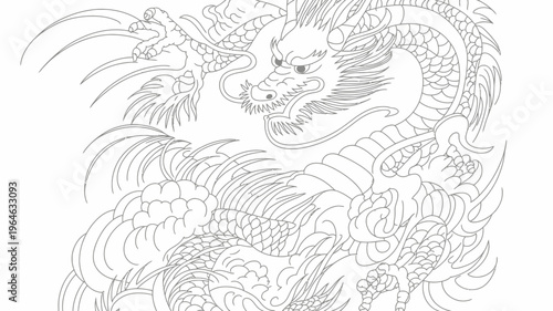 Intricate line art depiction of a traditional asian dragon with swirling clouds