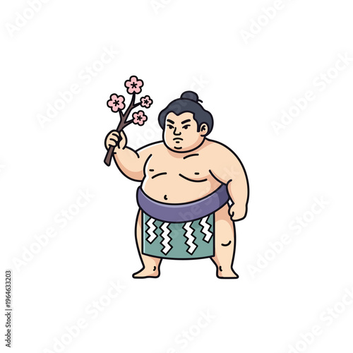Japanese sumo wrestler mascot holding beautiful cherry blossom branch, traditional vector art