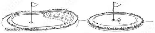 Minimalist continuous line art of golf course greens with flags and sand trap