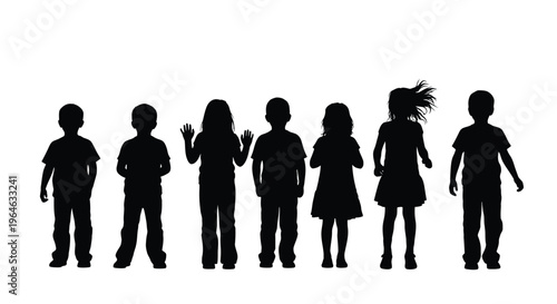 Diverse group of young children vector silhouettes standing together, showcasing youth and innocence in graphic design.