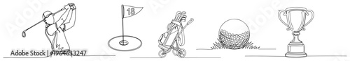 Golf sports icons set with player bag and trophy in minimalist continuous line art style