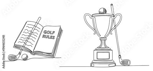 Golf rules book with equipment and winner trophy in minimalist continuous line art style