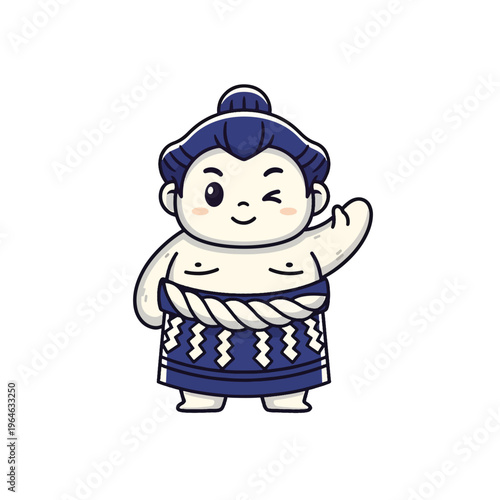 Cute Waving Sumo Wrestler Mascot Character Illustration with Friendly Winking Expression