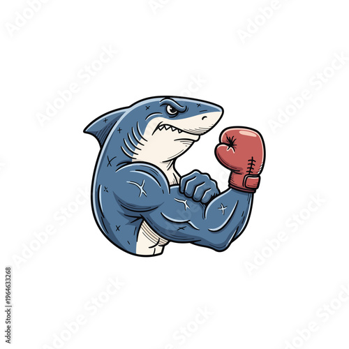 Powerful boxing shark mascot illustration flexing bicep on isolated white background