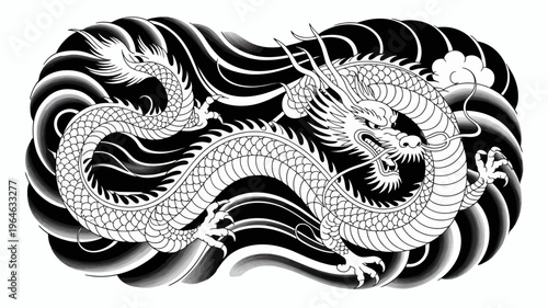 A traditional black and white illustration of a chinese dragon amidst waves
