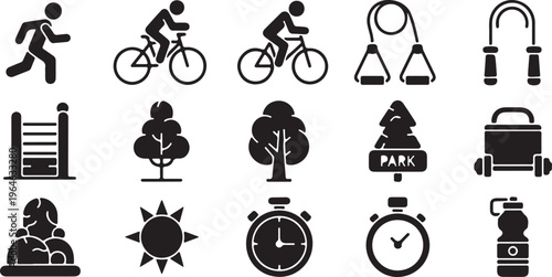 Outdoor fitness and park workout icons, 15 black vector symbols for sports and recreation, running and cycling activity signs for urban wellness isolated PNG with Transparent Background