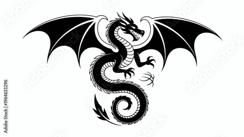 A striking black and white illustration of a coiled dragon with outstretched wings