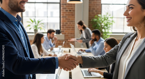 Business professionals shaking hands in a modern office setting