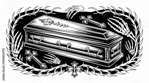 A haunting illustration of a coffin skeletal hands and crosses in monochrome