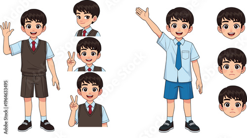 Cute Boy Character with Multiple Expressions and Poses in School Uniform for Fun and Educational Illustrations