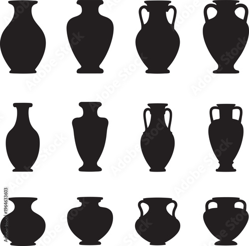 Collection of ancient greek vase amphora vector silhouette icons.