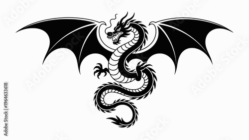 Detailed black and white illustration of a majestic dragon with outstretched wings