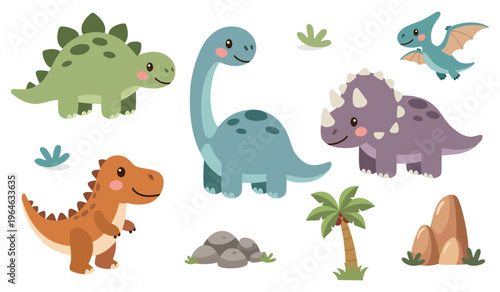 Cute Dinosaur Clipart Set, Kawaii Cartoon Dino Characters, Flat Vector Illustration with Palm Tree, Rocks and Plants, Isolated on White