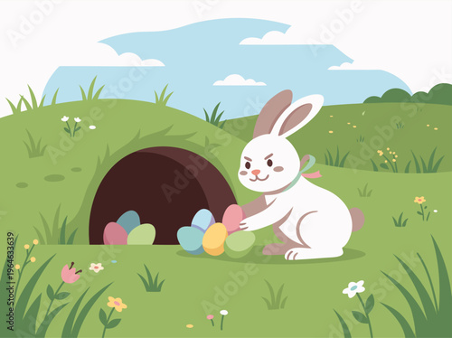 Easter Bunny Hiding Colorful Eggs Near Burrow in Spring Meadow.