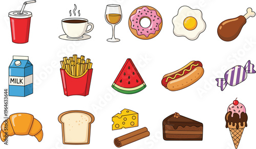 Food and Snack Icon Set Featuring Donut, Coffee, Milk, Fries, Hot Dog, Watermelon, Croissant, Cake, Ice Cream, and Breakfast Items for Menu Design