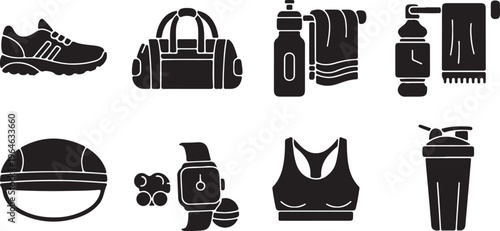 Fitness and gym equipment icon set, black solid vector graphics for workout and exercise, 8 sports lifestyle elements for training apps isolated PNG with Transparent Background