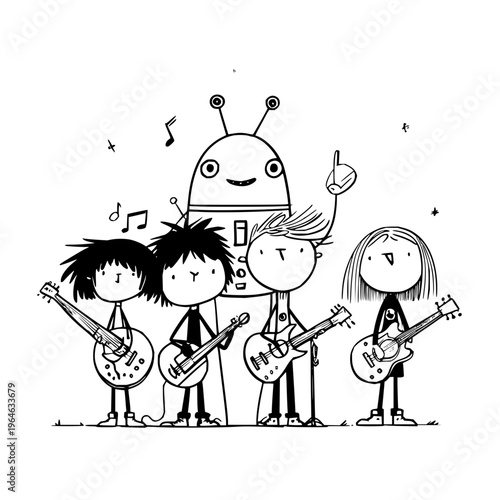Whimsical hand drawn rock band illustration featuring four musicians playing electric guitars alongside a friendly robot mascot in a fun creative black and white sketch
