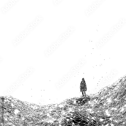 Solitary figure standing alone on a textured ink illustration hillside looking into a vast white void representing emotional isolation and deep introspective contemplation