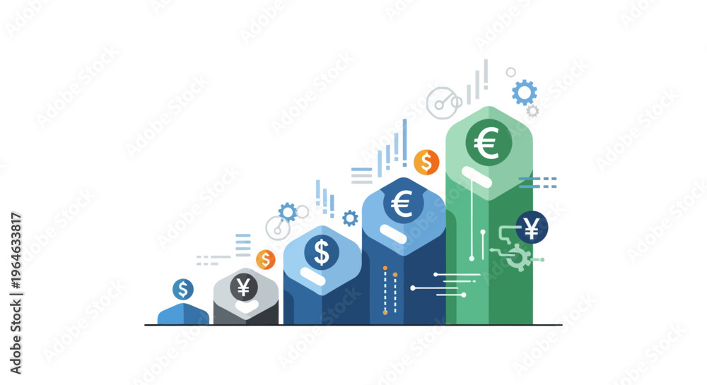 Obraz premium Financial Growth Bar Chart with Global Currency Symbols (Euro, Dollar, Yen). Forex Market Data Analysis and Investment Strategy Concept.