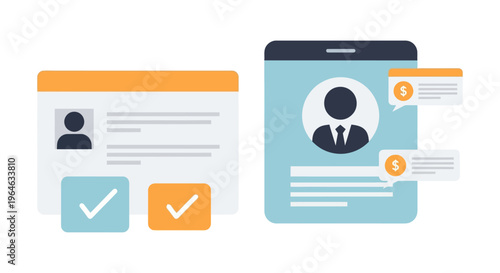 Digital Profile Management and Verification Concept. Secure Online Registration, User Interface, and Financial Transaction Illustration.