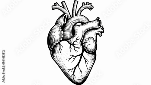 Detailed illustration of a human heart with major vessels and chambers