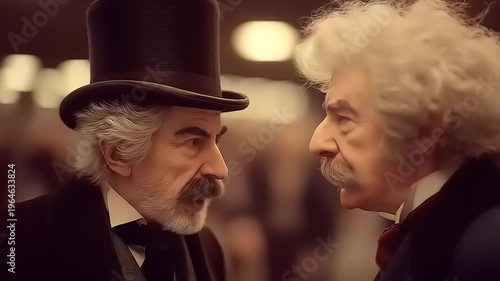 Two distinguished gentlemen engage in a captivating exchange, showcasing refined style and intellectual curiosity