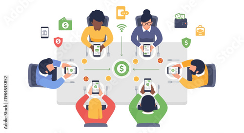 Group Bill Splitting and Mobile Payment Concept: Diverse people using smartphones for P2P finance transactions at a restaurant table.
