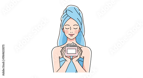 Woman in blue towel holding smartphone in minimalist line art for mobile app advertising