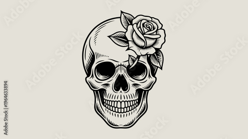 A detailed illustration of a human skull adorned with a blossoming rose