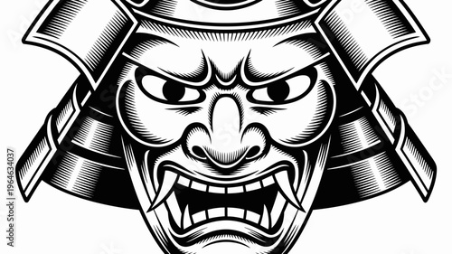 Intense samurai helmet face illustration in black and white with sharp details